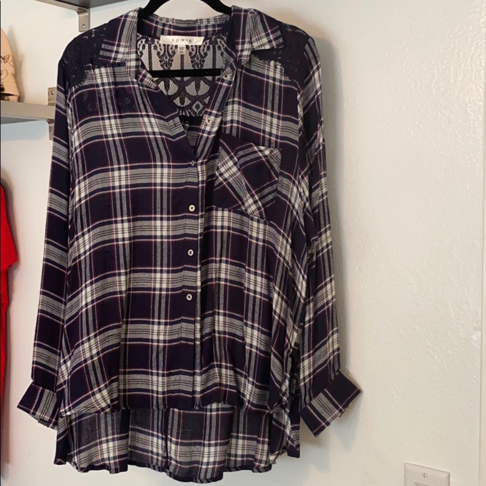 Plaid long sleeve shirt with lace back detail